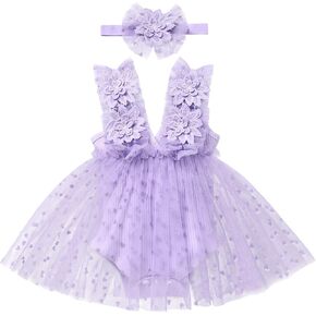 Newborn Baby Girl 1st Birthday Outfit Lace Tulle Romper Dress with Floral Headband Cake Smash Photo Props in Saudi Arabia