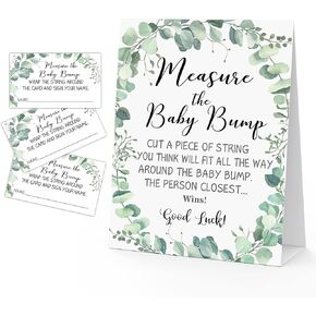 لعبة قياس بطن الأم، أخضر، موضوع الأوكالبتوس 1 لافتة و50 مجموعة بطاقات تخمين، قم بقياس نتوء الطفل، ما هو حجم لافتة طاولة بطن الأم، ألعاب حفلات استحمام الطفل - BUMP-a007 in Kuwait
