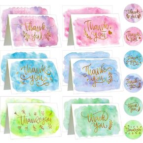 72 Pieces Watercolor Thank You Cards with Envelopes and Stickers Set 6 Designs Gold letter Greeting Note Cards Thank You Envelopes Round Envelope Seal Stickers for Wedding Graduation Baby Shower