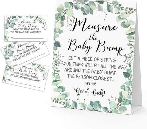 لعبة قياس بطن الأم، أخضر، موضوع الأوكالبتوس 1 لافتة و50 مجموعة بطاقات تخمين، قم بقياس نتوء الطفل، ما هو حجم لافتة طاولة بطن الأم، ألعاب حفلات استحمام الطفل - BUMP-a007 in Kuwait