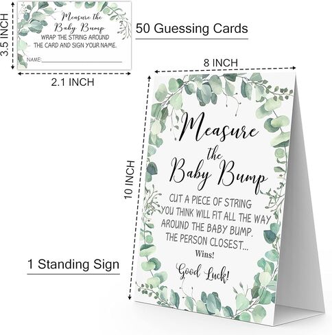 لعبة قياس بطن الأم، أخضر، موضوع الأوكالبتوس 1 لافتة و50 مجموعة بطاقات تخمين، قم بقياس نتوء الطفل، ما هو حجم لافتة طاولة بطن الأم، ألعاب حفلات استحمام الطفل - BUMP-a007 in Kuwait