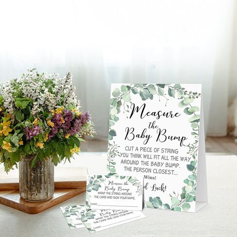 لعبة قياس بطن الأم، أخضر، موضوع الأوكالبتوس 1 لافتة و50 مجموعة بطاقات تخمين، قم بقياس نتوء الطفل، ما هو حجم لافتة طاولة بطن الأم، ألعاب حفلات استحمام الطفل - BUMP-a007 in Kuwait