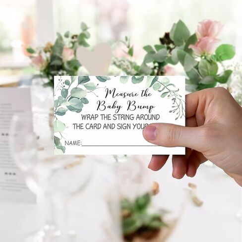 لعبة قياس بطن الأم، أخضر، موضوع الأوكالبتوس 1 لافتة و50 مجموعة بطاقات تخمين، قم بقياس نتوء الطفل، ما هو حجم لافتة طاولة بطن الأم، ألعاب حفلات استحمام الطفل - BUMP-a007 in Kuwait