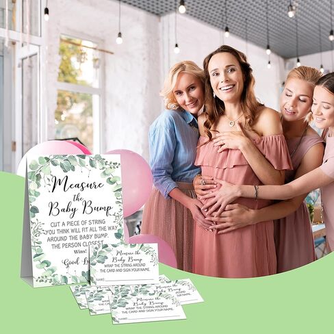 لعبة قياس بطن الأم، أخضر، موضوع الأوكالبتوس 1 لافتة و50 مجموعة بطاقات تخمين، قم بقياس نتوء الطفل، ما هو حجم لافتة طاولة بطن الأم، ألعاب حفلات استحمام الطفل - BUMP-a007 in Kuwait