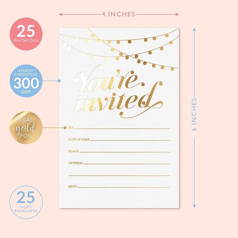 Sweetzer & Orange Party Invitations! 25 Gold Foil Traditional Invitations with Envelopes, Wedding, Baby and Bridal Shower Invite, Housewarming Birthday and Girls Quinceanera Invites in Saudi Arabia