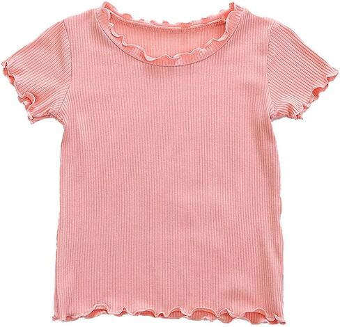 HDLEXD Toddler Baby Girls Summer Lettuce Trim Ribbed Knit Short Sleeve T-Shirts Solid Color Casual Blouse Tops in Saudi Arabia