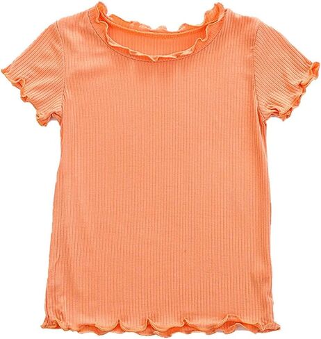 HDLEXD Toddler Baby Girls Summer Lettuce Trim Ribbed Knit Short Sleeve T-Shirts Solid Color Casual Blouse Tops in Saudi Arabia