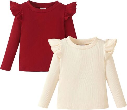 OPAWO Toddler Girl Shirts Ruffle Long/Short Sleeve Baby Girl T-Shirts Kids Blouse, Ribbed Toddler Girl Tee Tops 2-Pack 12M-6Y in Saudi Arabia
