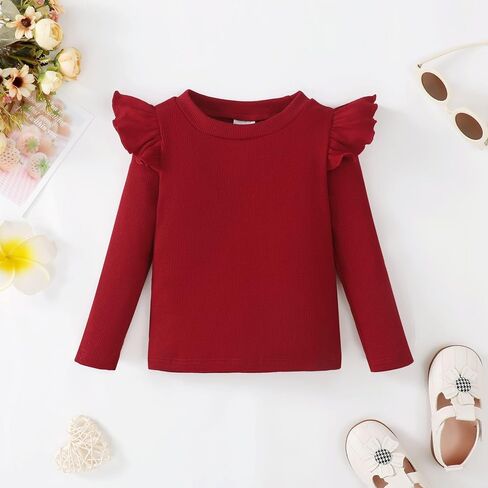 OPAWO Toddler Girl Shirts Ruffle Long/Short Sleeve Baby Girl T-Shirts Kids Blouse, Ribbed Toddler Girl Tee Tops 2-Pack 12M-6Y in Saudi Arabia