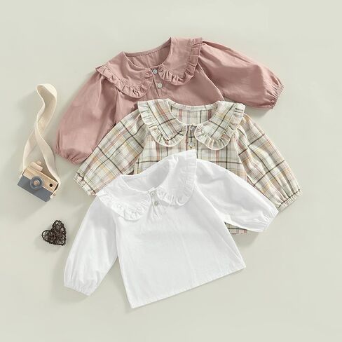 Xdftwdmgqe Toddler Baby Girl Long Sleeve Shirts Kids Solid/Plaid Peter Pan Collar Pullover Tops Blouse Fall Winter Clothes in Saudi Arabia