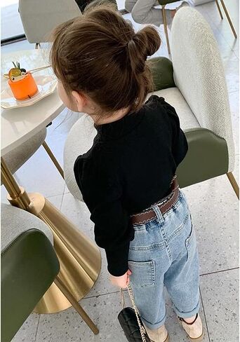 تي شيرت بياقة مدورة أساسي بلون سادة للأطفال الصغار والبنات، ملابس قطنية ناعمة بأكمام طويلة ومنتفخة in Kuwait