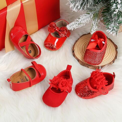 حذاء Antheron للفتيات الصغيرات Mary Jane Flats بنعل ناعم بدون كعب للرضع مزين بالورود اللامعة للأطفال الصغار in Kuwait