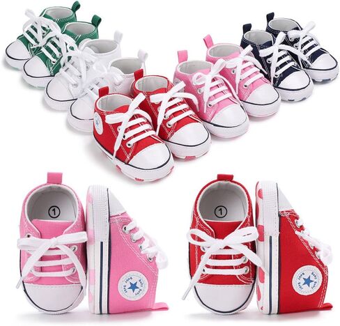Meckior Baby Girls Boys Canvas Sneakers Soft Sole High-Top Ankle Infant First Walkers Crib Shoes in Kuwait