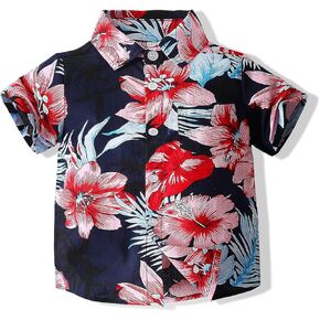 Baby Boys Casual Cartoon Print Tee Button Down Slim-Fit Tops Short Sleeve Aloha Hawaiian Shirt