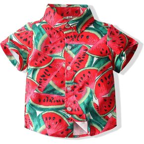 Baby Boys Casual Cartoon Print Tee Button Down Slim-Fit Tops Short Sleeve Aloha Hawaiian Shirt