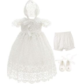 Bow Dream Baby Girls 4Pcs Gown and Bonnet Christening Baptism Dress Lace Baby Dress