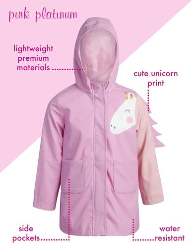 سترة المطر للفتيات باللون الوردي البلاتيني - معطف واق من المطر خفيف الوزن مقاوم للماء على شكل وحيد القرن (طفل صغير/فتاة صغيرة) in Kuwait
