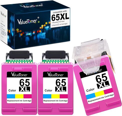 استبدال خراطيش الحبر المعاد تصنيعها من Valuetoner لطابعة HP 65XL 65 XL N9K04AN Envy 5055 5052 5058 DeskJet 2655 3755 3720 3722 3723 3752 3758 2652 2624 (3 ألوان + 1 رأس طباعة قابل لإعادة الاستخدام) in Kuwait
