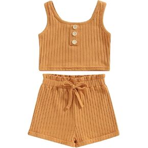 Molgkyo Toddler Baby Girl Summer Clothes Solid Color Sleeveless Ribbed Tank Tops Drawstring Shorts Sets 2Pcs Casual Outfits in Kuwait