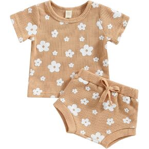 Madjtlqy Baby Girls Outfit Set Summer Flower Printing Short Sleeve T-Shirt Tops + Elastic Waist Shorts Set