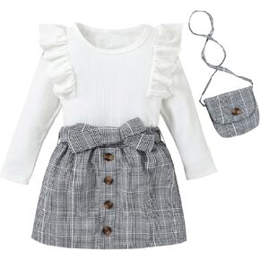 Toddler Baby Girl Long Sleeve Pullover Knitted Shirt Top Plaid Skirt Set Winter Spring Fall Clothes 2pcs Outfits in Kuwait