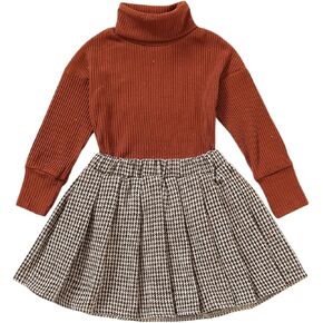 Kupretty Toddler Baby Girl Fall Winter Clothes Turtleneck Solid Knit Pullover Tops Plaid Button Mini Skirts Set Outfits in Saudi Arabia