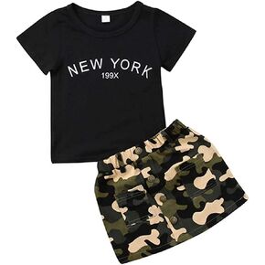 Toddler Baby Girls Camouflage Outfit Black Letter Tops T-Shirt + Skirt Dress Shorts Summer Two Piece Clothes Set in Saudi Arabia