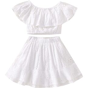 Kids Baby Girls Outfits Floral Ruffle Off Shoulder Crop Tops + Bowknot Denim Shorts Skirt Set Toddler Summer Clothes in Saudi Arabia