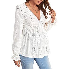 OYOANGLE Women's Maternity Eyelet Embroidery Peplum Tee Flounce Sleeve V Neck Ruffle Hem Shirt Top