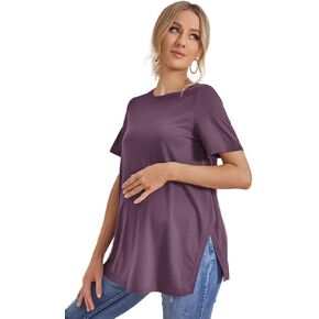 OYOANGLE Women's Maternity Shirts Split Hem Short Sleeve Loose Tunic Tops Tee Casual Pregnancy Clothes
