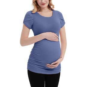 DEBELLY Maternity Top Short Petal Sleeve Shirt Ruched Side Pregnancy Tunic for Casual Wear Basic Maternity Tee in Saudi Arabia