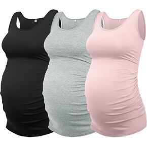 GLAMIX Women's Maternity Tank Top 3-Pack Ruched Shirts Basic Vest Pregnancy Sleeveless Mama Clothes in Saudi Arabia