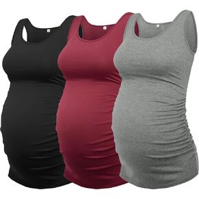AMPOSH Women's Maternity Tank Top 3 Pack Ruched Side Sleeveless Pregnancy Basic Shirt