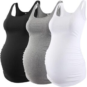 Liu & Qu Maternity Tank Tops Rib Side-Shirred Sleeveless Pregnancy Basic Shirt 3-Pack