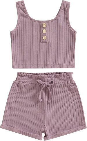 Molgkyo Toddler Baby Girl Summer Clothes Solid Color Sleeveless Ribbed Tank Tops Drawstring Shorts Sets 2Pcs Casual Outfits in Saudi Arabia