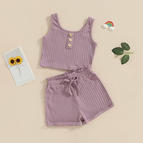 Molgkyo Toddler Baby Girl Summer Clothes Solid Color Sleeveless Ribbed Tank Tops Drawstring Shorts Sets 2Pcs Casual Outfits in Saudi Arabia