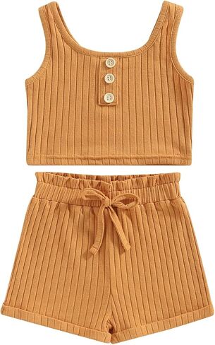 Molgkyo Toddler Baby Girl Summer Clothes Solid Color Sleeveless Ribbed Tank Tops Drawstring Shorts Sets 2Pcs Casual Outfits in Saudi Arabia