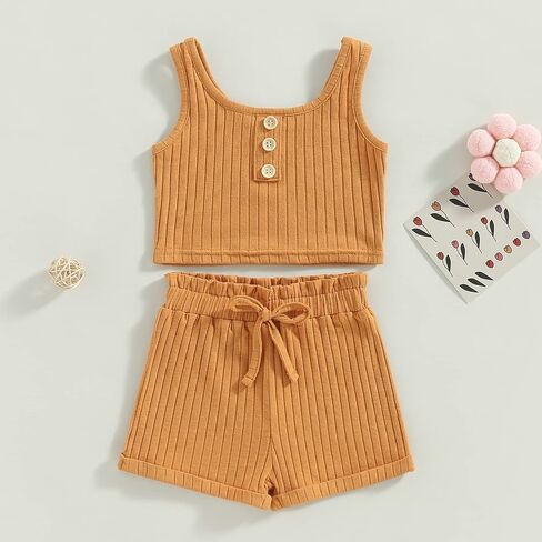Molgkyo Toddler Baby Girl Summer Clothes Solid Color Sleeveless Ribbed Tank Tops Drawstring Shorts Sets 2Pcs Casual Outfits in Kuwait
