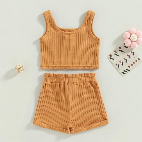 Molgkyo Toddler Baby Girl Summer Clothes Solid Color Sleeveless Ribbed Tank Tops Drawstring Shorts Sets 2Pcs Casual Outfits in Kuwait