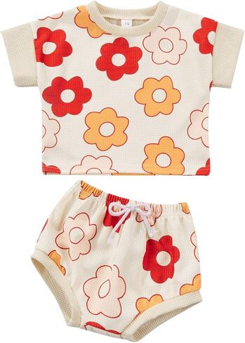 Madjtlqy Baby Girls Outfit Set Summer Flower Printing Short Sleeve T-Shirt Tops + Elastic Waist Shorts Set in Saudi Arabia