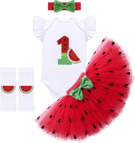 ODASDO Baby Girl's Fruit Theme 1st 2nd Birthday Party Cake Smash Outfit Romper Skirt Headband Leg Warmers 4pcs Set in Saudi Arabia