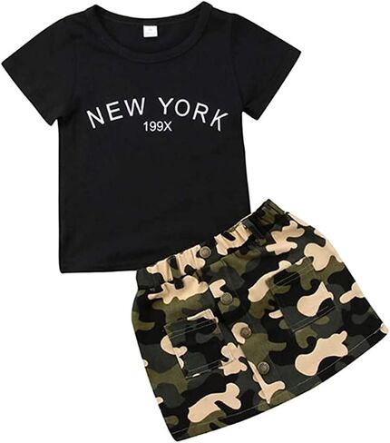 Toddler Baby Girls Camouflage Outfit Black Letter Tops T-Shirt + Skirt Dress Shorts Summer Two Piece Clothes Set in Saudi Arabia