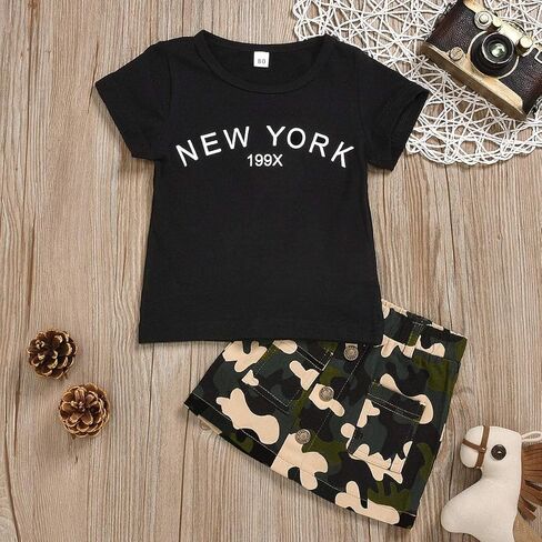 Toddler Baby Girls Camouflage Outfit Black Letter Tops T-Shirt + Skirt Dress Shorts Summer Two Piece Clothes Set in Saudi Arabia