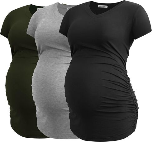 Smallshow Women's V Neck Maternity Clothes Tops Side Ruched Pregnancy T Shirt in Kuwait