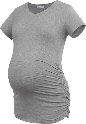 Smallshow Women's V Neck Maternity Clothes Tops Side Ruched Pregnancy T Shirt in Kuwait