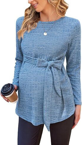Ekouaer قمصان الأمومة النسائية طويلة الأكمام قمم الحمل عارضة مضلع متماسكة الحوامل البلوزات S-XXL in Kuwait