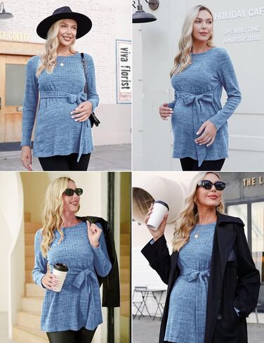 Ekouaer قمصان الأمومة النسائية طويلة الأكمام قمم الحمل عارضة مضلع متماسكة الحوامل البلوزات S-XXL in Kuwait