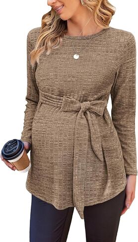 Ekouaer قمصان الأمومة النسائية طويلة الأكمام قمم الحمل عارضة مضلع متماسكة الحوامل البلوزات S-XXL in Kuwait