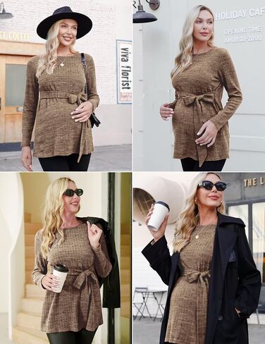 Ekouaer قمصان الأمومة النسائية طويلة الأكمام قمم الحمل عارضة مضلع متماسكة الحوامل البلوزات S-XXL in Kuwait