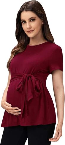 OYOANGLE Women's Basic Maternity Tshirts Tie Front Short Sleeve Crewneck Tee Shirt Peplum Tops in Saudi Arabia